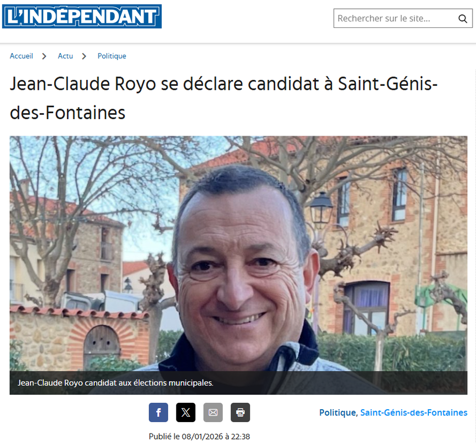 L'Indépendant du 08/01/2026 : Jean-Claude Royo se déclare candidat à Saint-Génis-des-Fontaines image